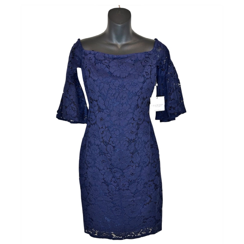 Laundry by Shelli Segal Lace Dress Size 6 Navy Blue Cocktail Knee Length NWT New